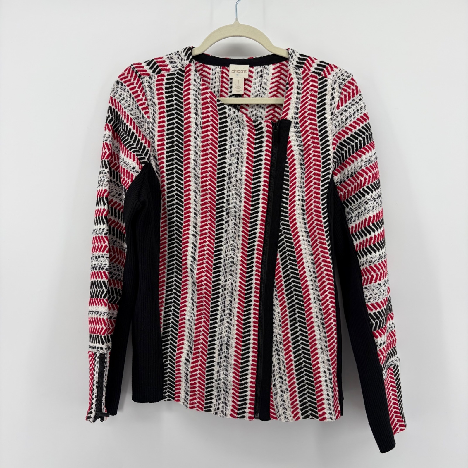 Chico's Women M Red Black White Moto Cardigan Asymmetric Zip Chevron Striped